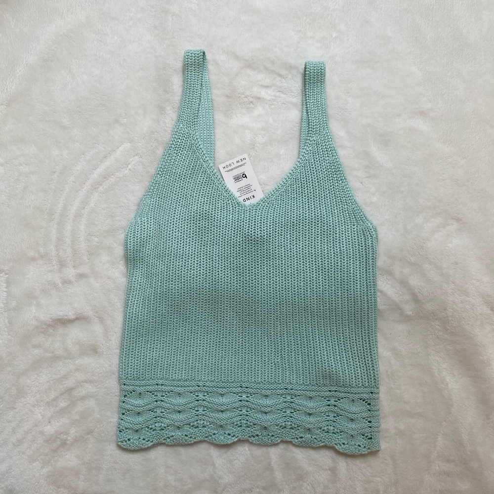 NWT! New Look Mint Green Crochet Knit Tank Top Size 4 Boho Festival Casual